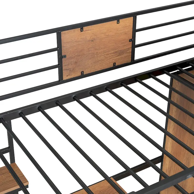 Black Twin Metal Wood Loft Bed with L-shape Desk