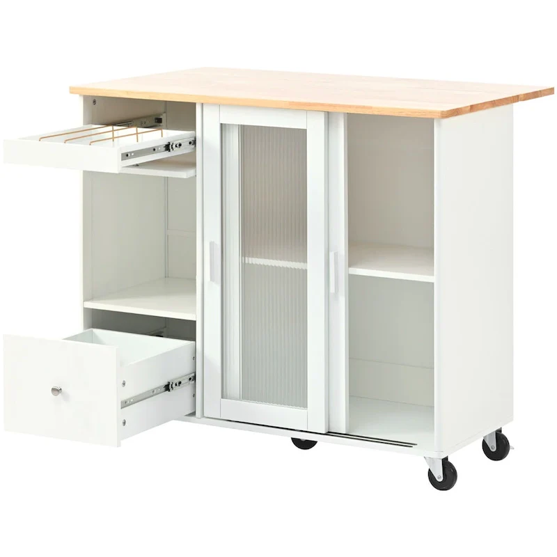 44 in. W Kitchen Island Rubber Wood Drop-Leaf Countertop on 5 Wheels with an Adjustable Shelf and 2 Drawers - 44