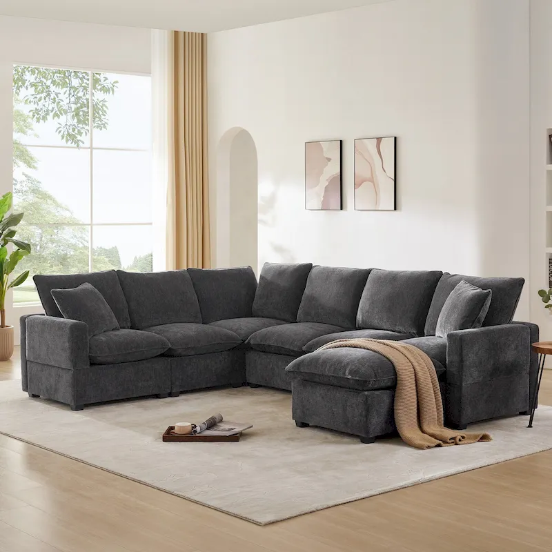 Black 110 Modular Chenille 7-Seat Corner Sectional Sofa Set with 2 Pillows and Ottoman for Living Room or Apartment