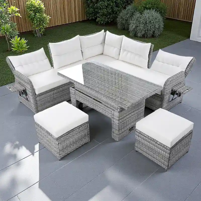Outdoor Patio Rattan Sectional Sofa Set with Adjustable Height Table and 2 Reclining Seat, Extendable Side Tables