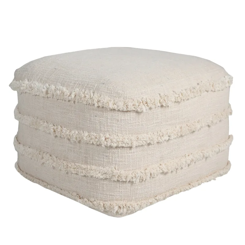 HomeRoots 18 Cream Cotton Tufted Cube Striped Pouf Ottoman