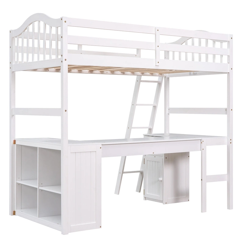 Twin Wooden Loft Bed with Desk and Shelves