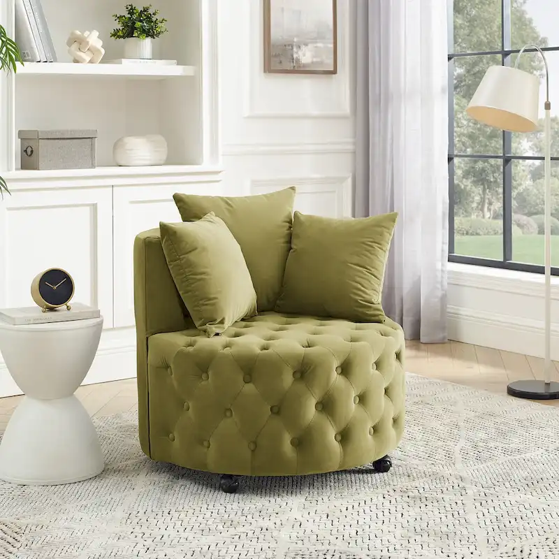 Living Room Velvet Swivel Chair with Button Tufted Design, 3 Pillows & Movable Wheels