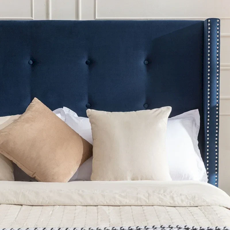 Velvet Upholstered Queen Bed - Wingback with Nailhead Trim