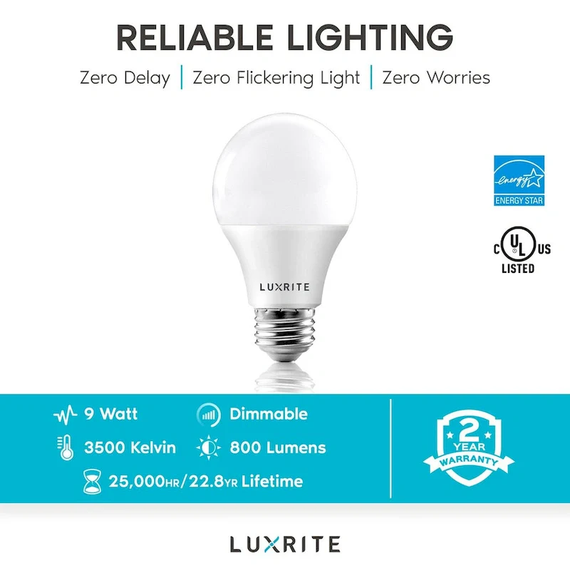 Luxrite A19 LED Light Bulb 60W Equivalent 3500K 800 Lumens Dimmable 9W Enclosed Fixture Rated E26 Base 48 Pack