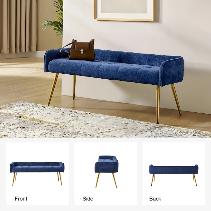 Luis Modern Upholstered Low Back Bench with Sturdy Golden Metal Tapered Leg by HULALA HOME