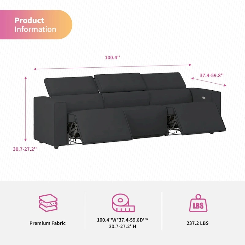 Mixoy Power Reclining Sofa, Faux Leather Electic Sofa Recliner,Theater Seating Furniture with USB Charging Station