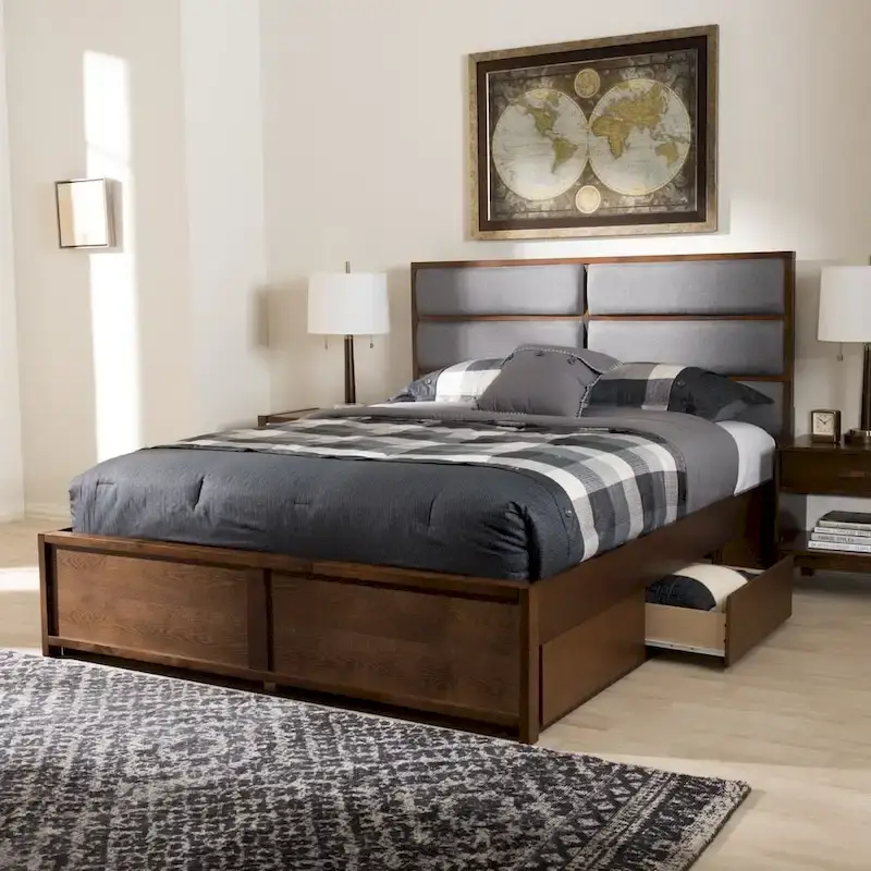 Strick & Bolton Mori Contemporary Grey Fabric and Walnut Wood Storage Bed