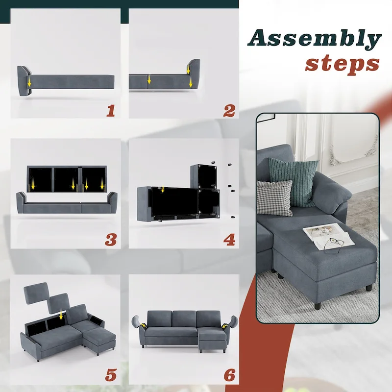 Futzca Sectional Sofa Couch, 3 Seat L Shaped Sofa with Removable Pillows