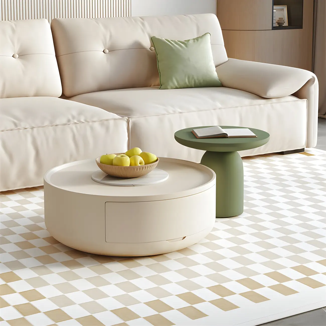 White Round Modern Drum Wood Coffee Table