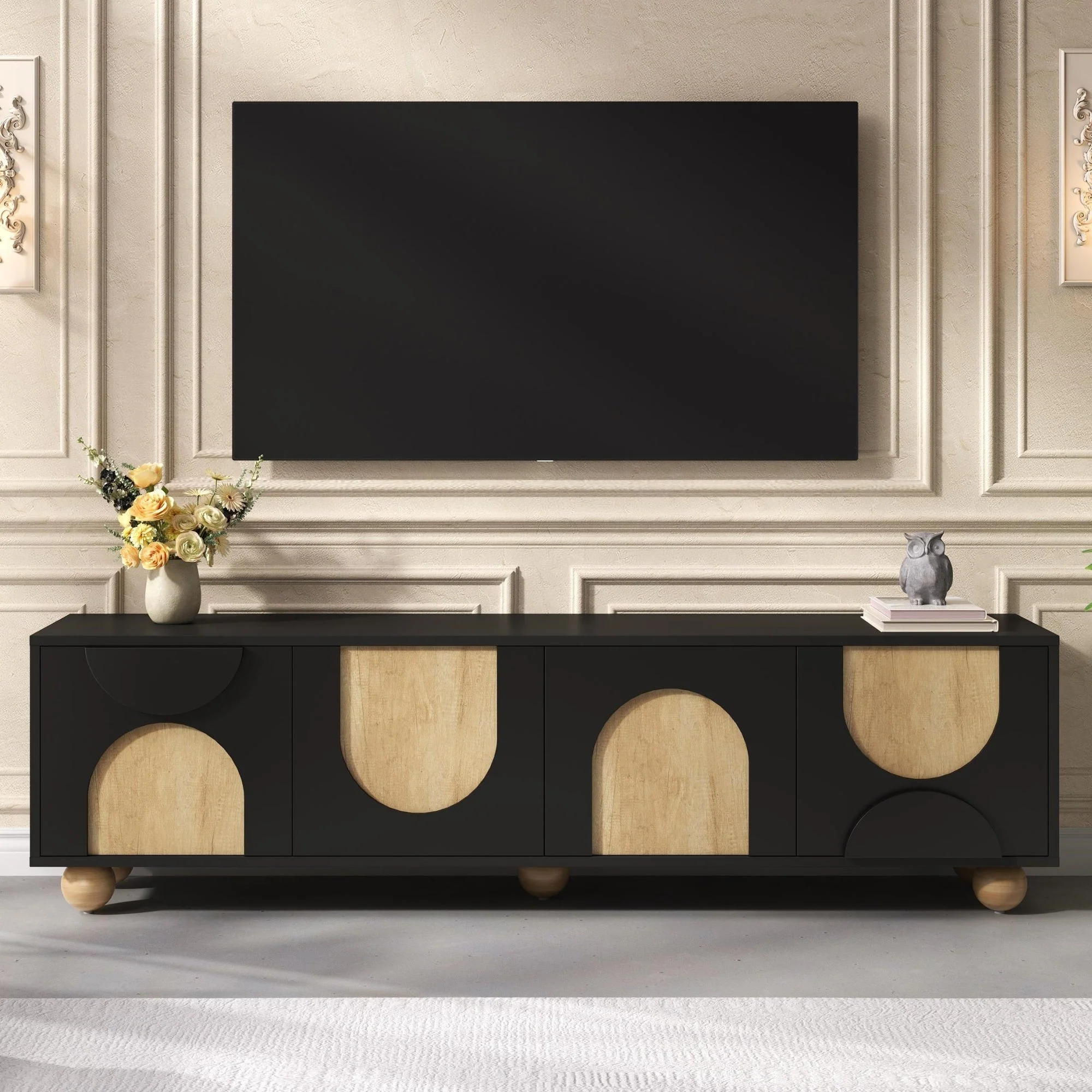 Modern Curve Shape Two Tone 69.6' TV Stand with Ball Feet Detail