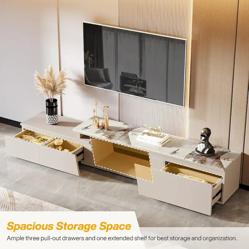 70.9  W - 105  W Extendable TV Stand, Extra Long Modern Entertainment Center with 3 Drawers