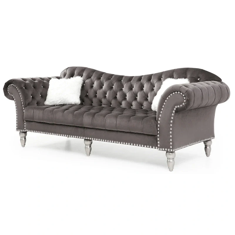 Velvet Tufted Sofa with Sweetheart Back & Chrome Nailheads – Blue / Dark Grey / Pink / Black, Seats 3