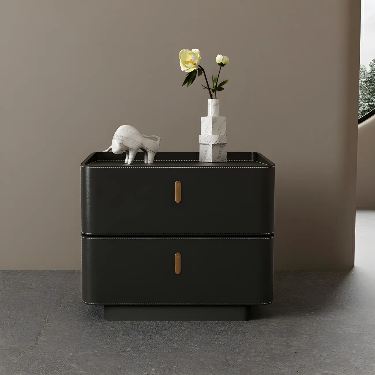 Modern Black Faux Leather Top Wood 2-Drawer Nightstand