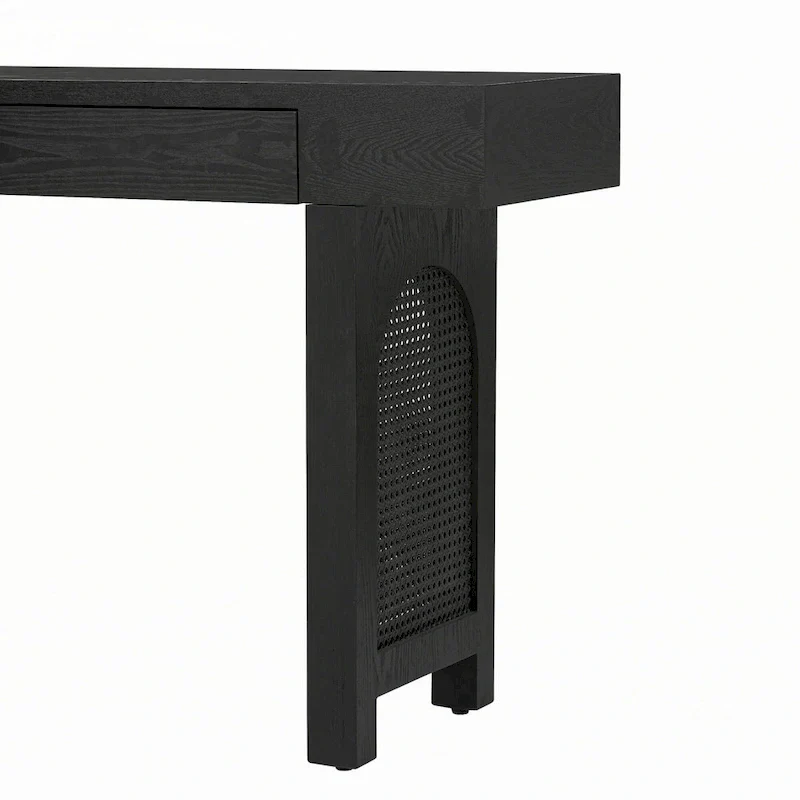 Narrow Console Table with Rattan Accent(Antique Black)