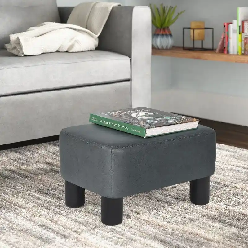 Rectangular PU Leather Footstool, Grey/Dark Grey/Brown, Wood Legs, Seats 1