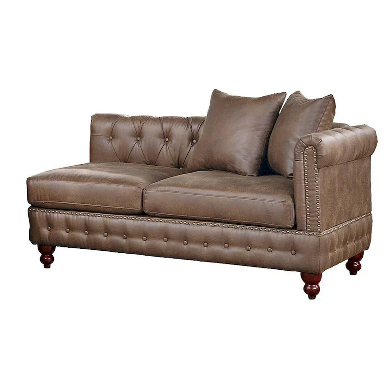 Simi 61 Inch One Arm Chaise, 2 Pillows, Nailhead Trim, Brown Faux Leather
