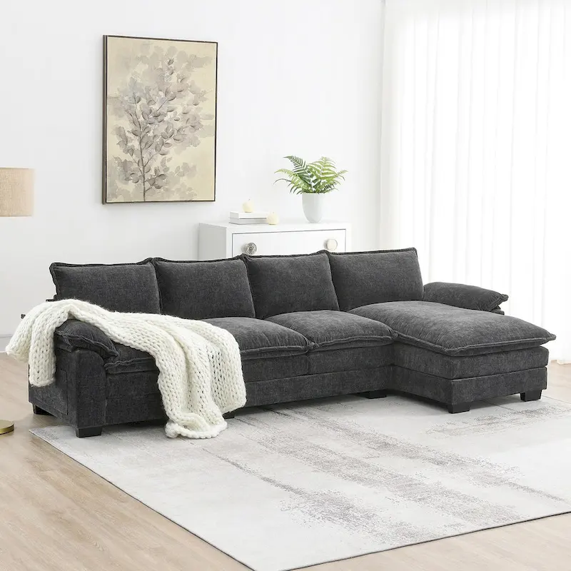 118*55  L-shaped Chenille Cloud Sofa with Double Seat Cushions, 5-seat Upholstered Sleeper Sofa Couch with Chaise Lounge