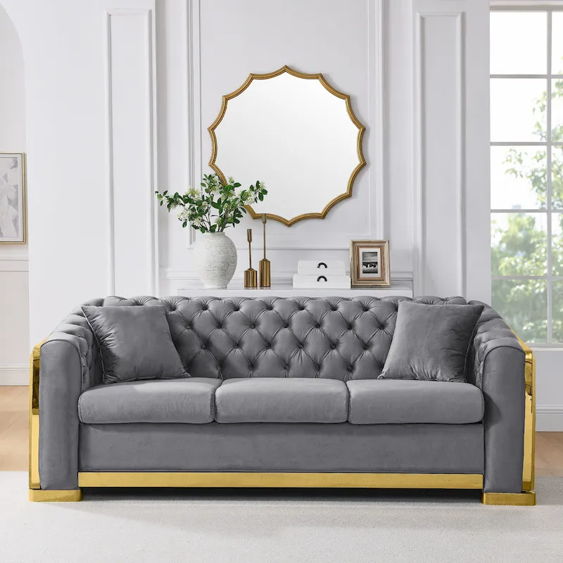 84 Luxury Chesterfield Velvet Sofa with Gold Trim