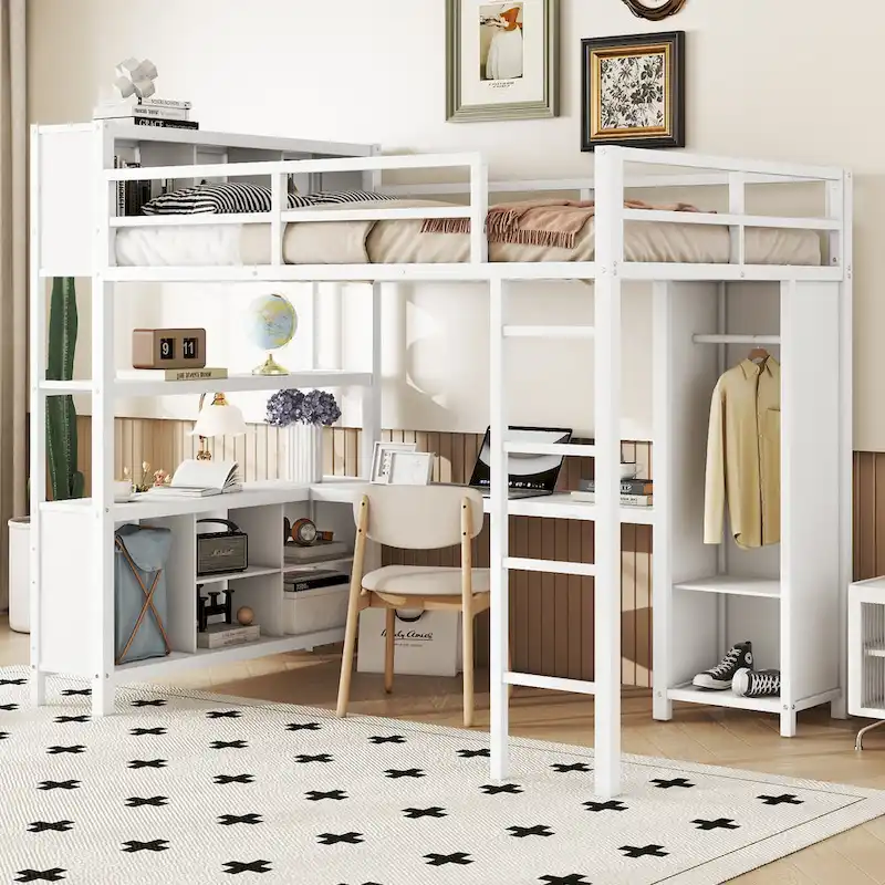 Full Size Metal Loft Bed with Wardrobe And L-shaped Desk, Storage Cubes and Shelves for Kids, Teens, Adults