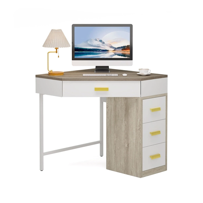 Wood/ Metal Corner Computer Desk Writing Table with 4 Drawers