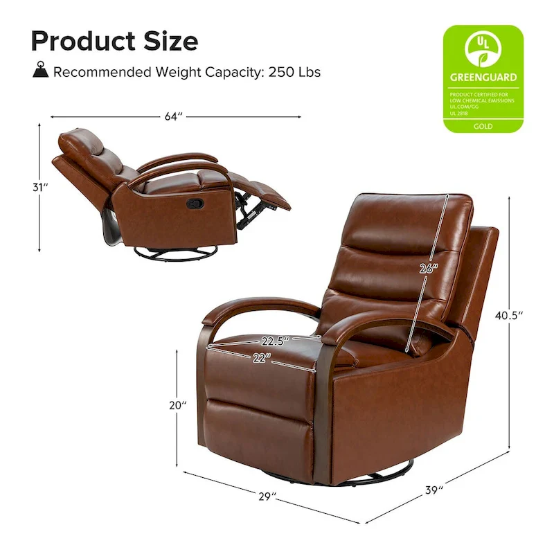 Leopold Modern Genuine Leather Swivel Rocking Manual Recliner Chair with Wooden Arm Accents by HULALA HOME