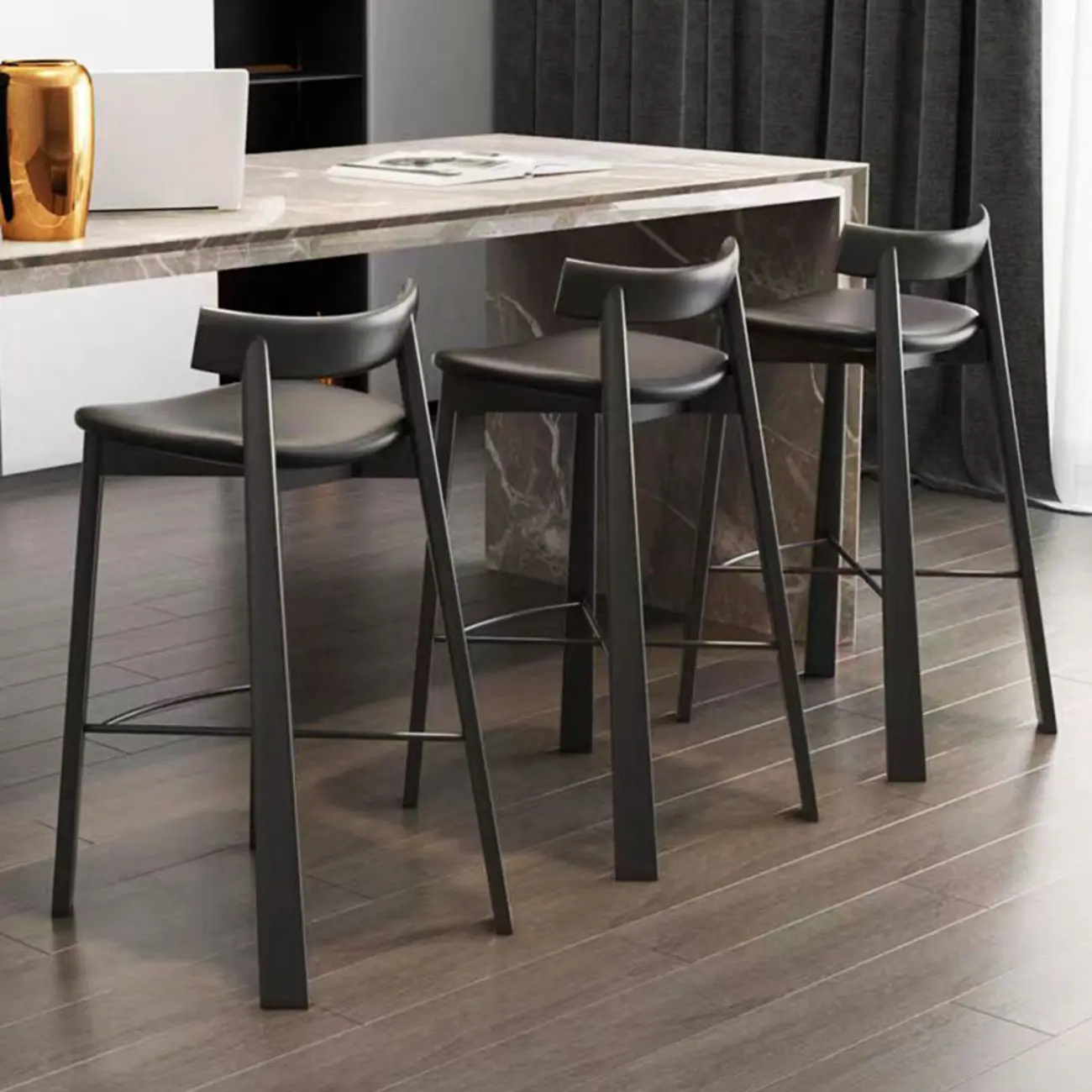 Modern Black Ash Upholstered Saddle Bar Stools