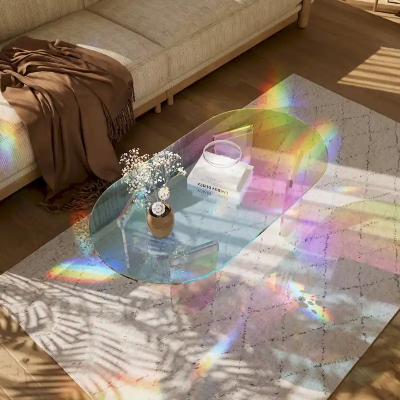 Clear Acrylic Coffee Table Iridescent Colorful Side Table Rainbow Color with PVC Mat