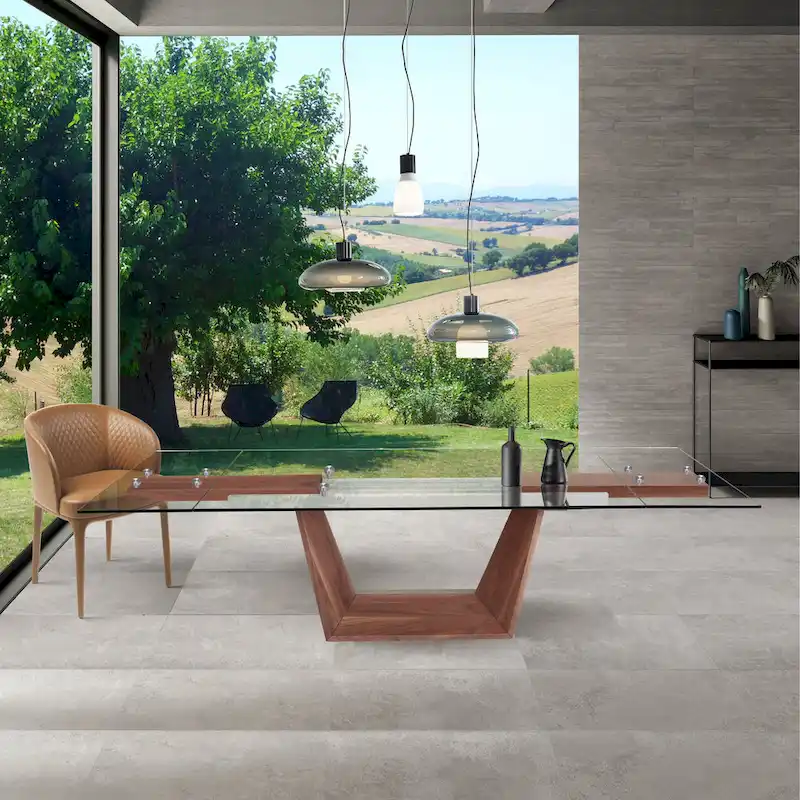 71-106 Inch Extendable Glass Top Dining Table with Walnut Veneer Wood Legs, Seats 6-10 People, Modern Design