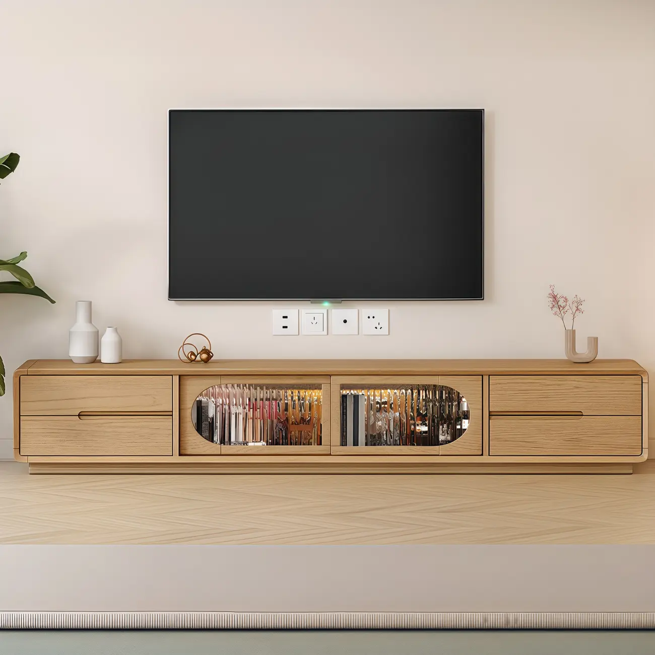 Natural Wooden 4-Drawer Long TV Stand with Glass Doors