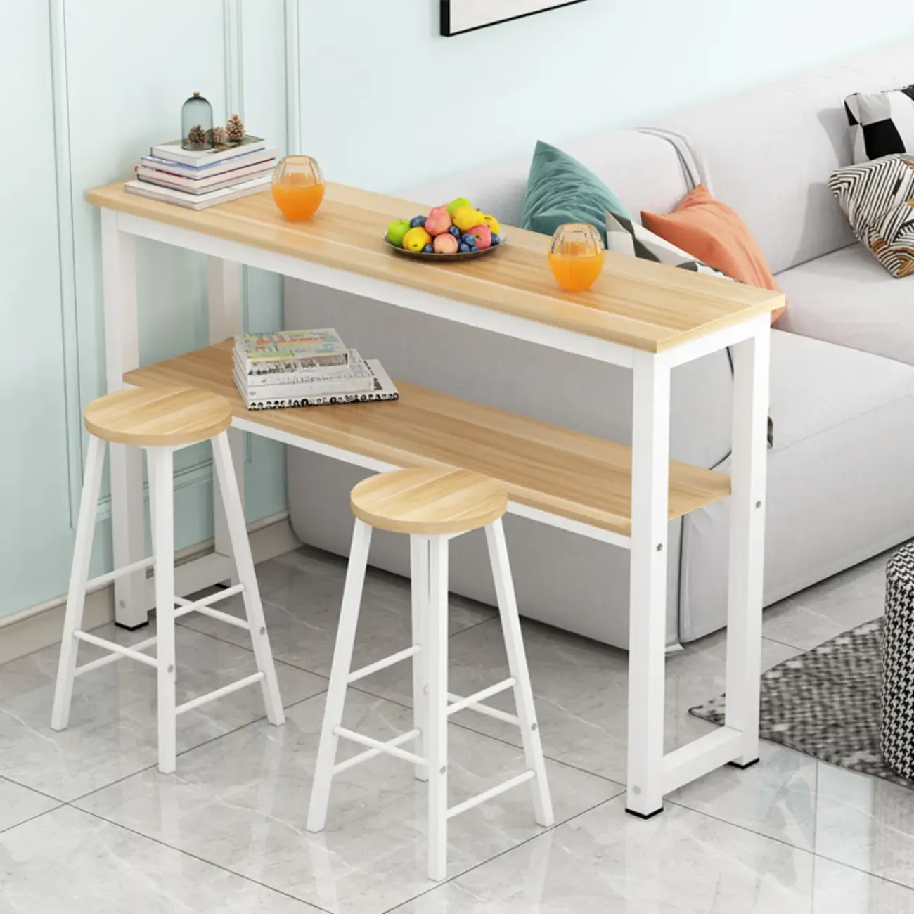 Modern Wooden Bar Table with Stools for Dining and Kitchen