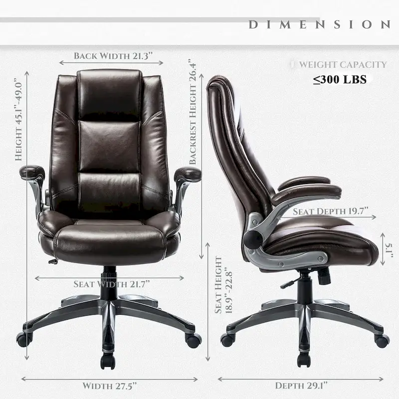 Leather Executive Office Chair- High Back Home Computer Desk Chair with Padded Flip-up Arms, Adjustable Tilt Lock