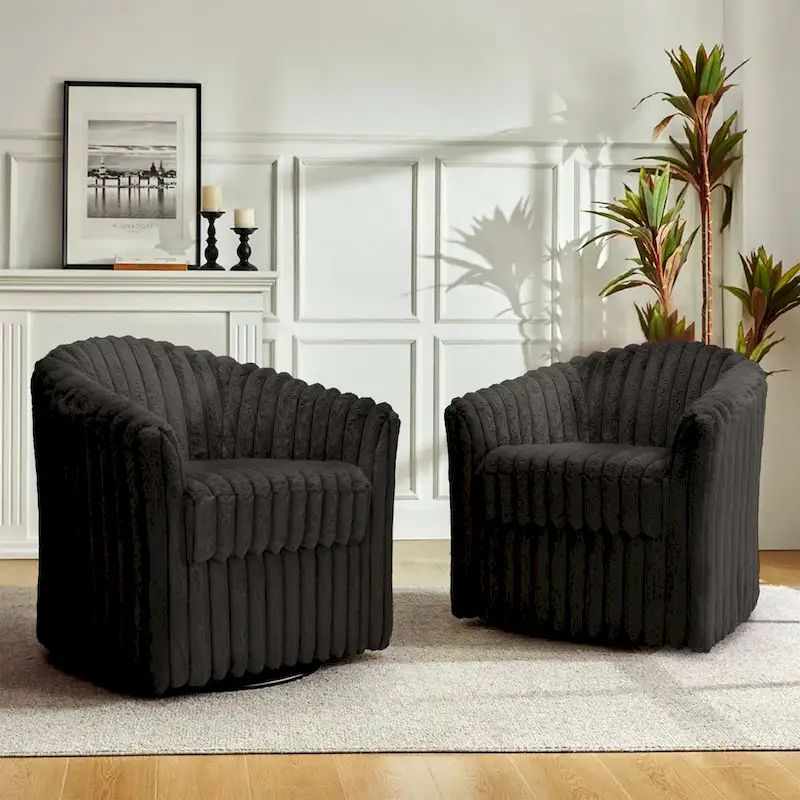 Faux Rabbit Fur Swivel Barrel Chairs - Set of 2