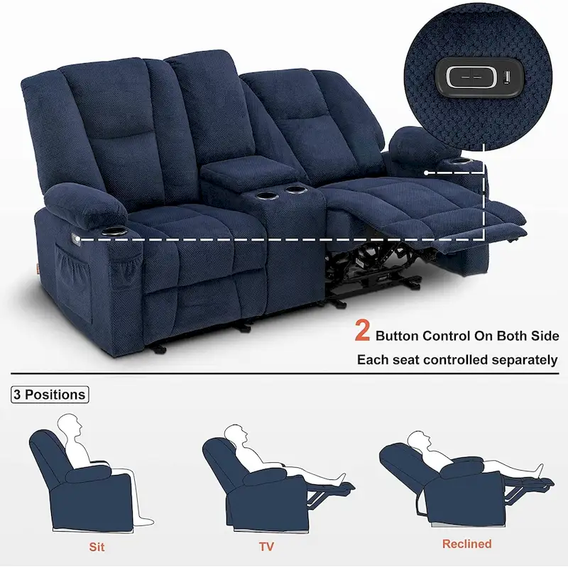 MCombo Electric Power Reclining Sofa with Massage and Lumbar Heat, Fabric 6015/6025/6035/6045