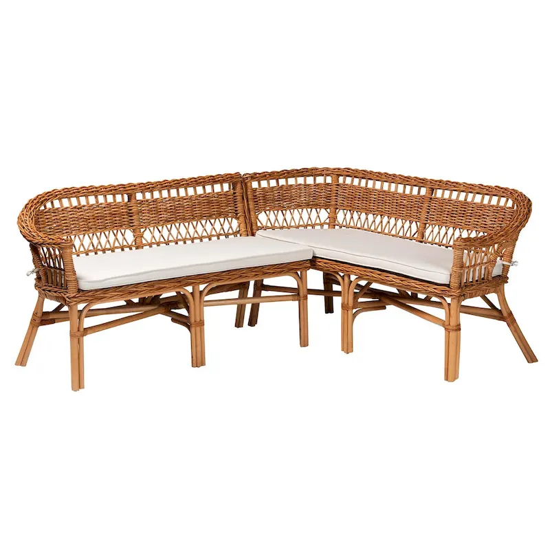 bali & pari Nella Modern Bohemian Natural Brown Rattan 2-Piece Dining Nook Banquette Set