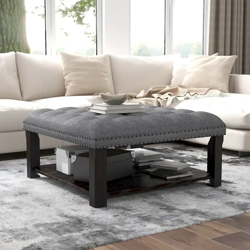 Transitional Linen Tufted Nailheads Cocktail Ottoman with Storage by Furniture of America