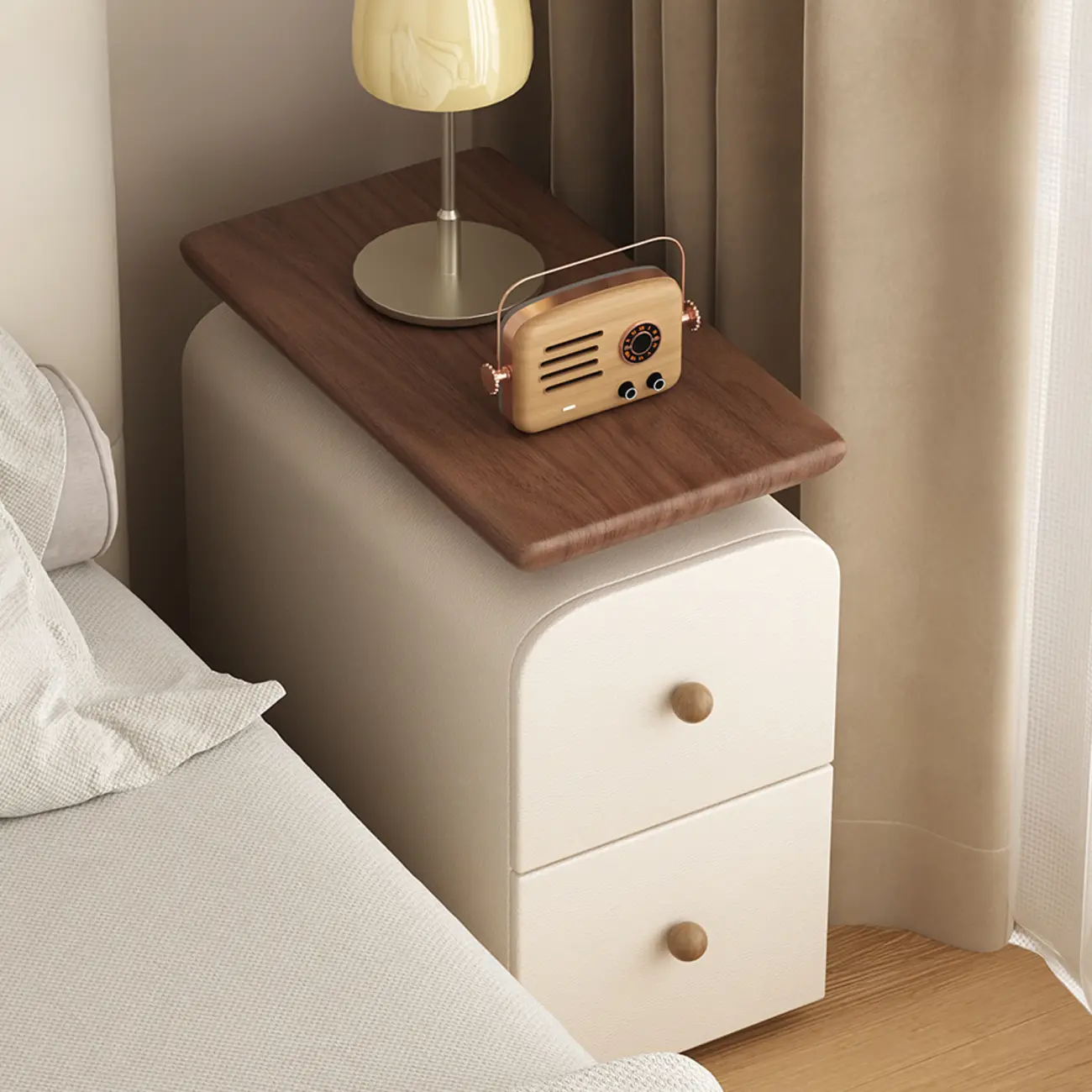 Faux Leather Modern Curved Nightstand Wood Top