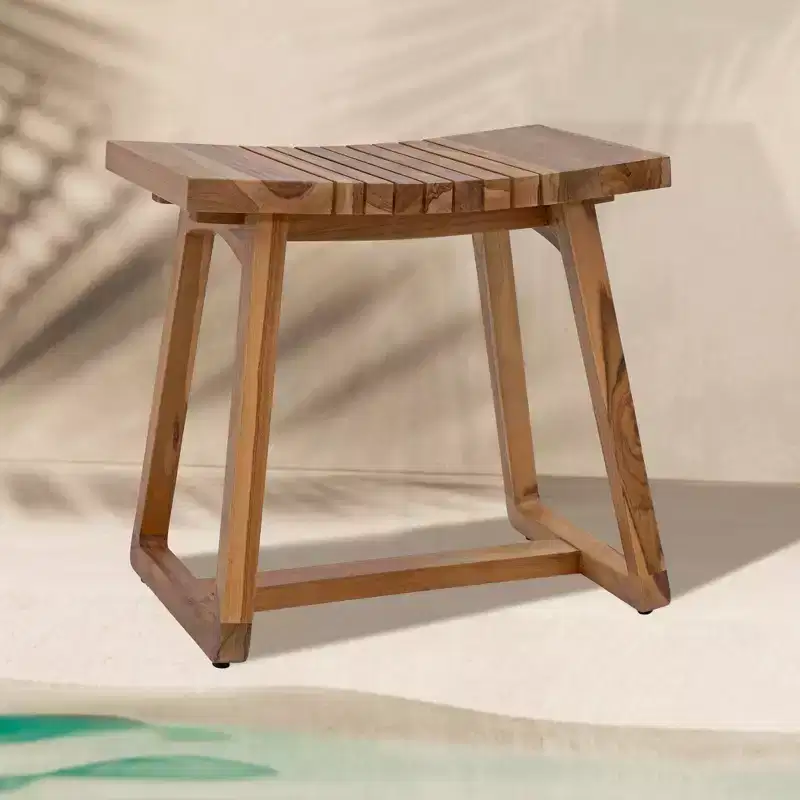 Sunnydaze 19 Solid Teak Wood Shower Bench with Ergonomic Curved Design