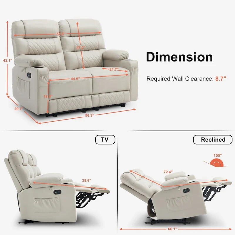 Power Recliner Loveseat, Saddle/Dark Brown/Light Grey, Heat & Massage, Seats 2