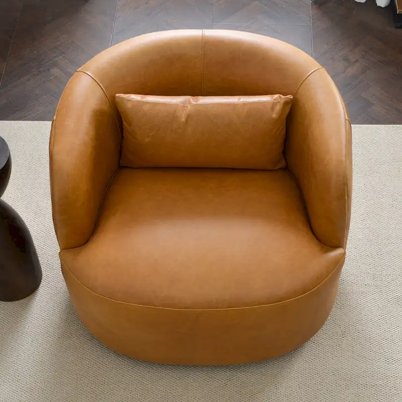 KINWELL Modern Top Grain Genuine Leather Swivel Armchair with Pillow
