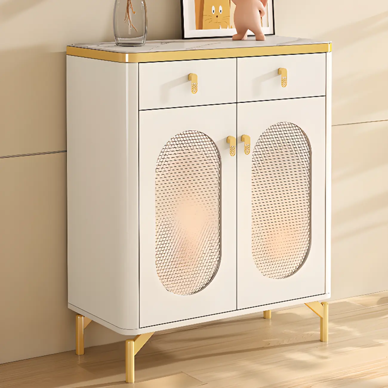 Entryway White Wooden Shoe Cabinet with Glass Doors