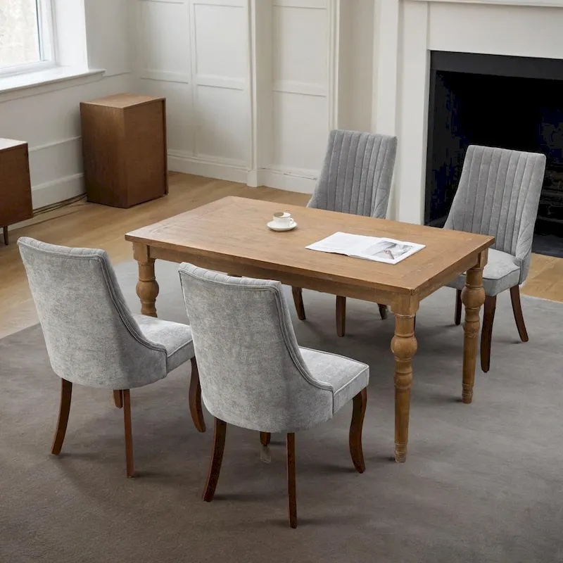 Rayon Cloth Flocking Linen Dining Chairs Channel Kitchen Dinner Upholstered Accent Chair Curved Solid Wood Legs,Set of 2