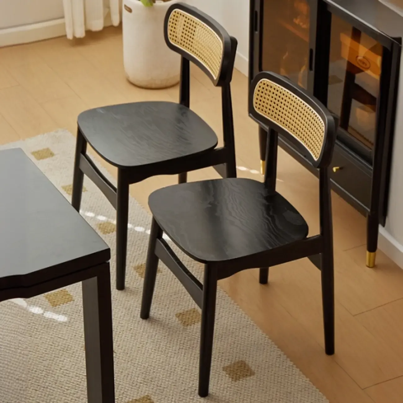 Rustic Black Wooden Armless Dining Chair with Handwoven Back