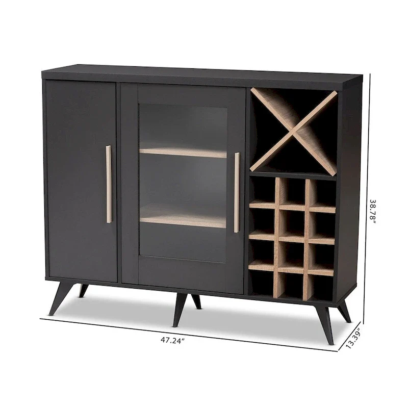 Dark Grey & Oak / White Brown Mid-Century Wine Cabinet with 24-Bottle Rack