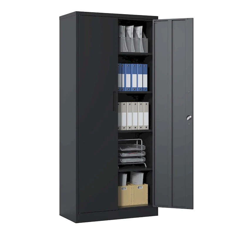 72H Metal Garage Storage Cabinet, Black Tool Steel Locking Cabinet with Doors and 4 Shelves