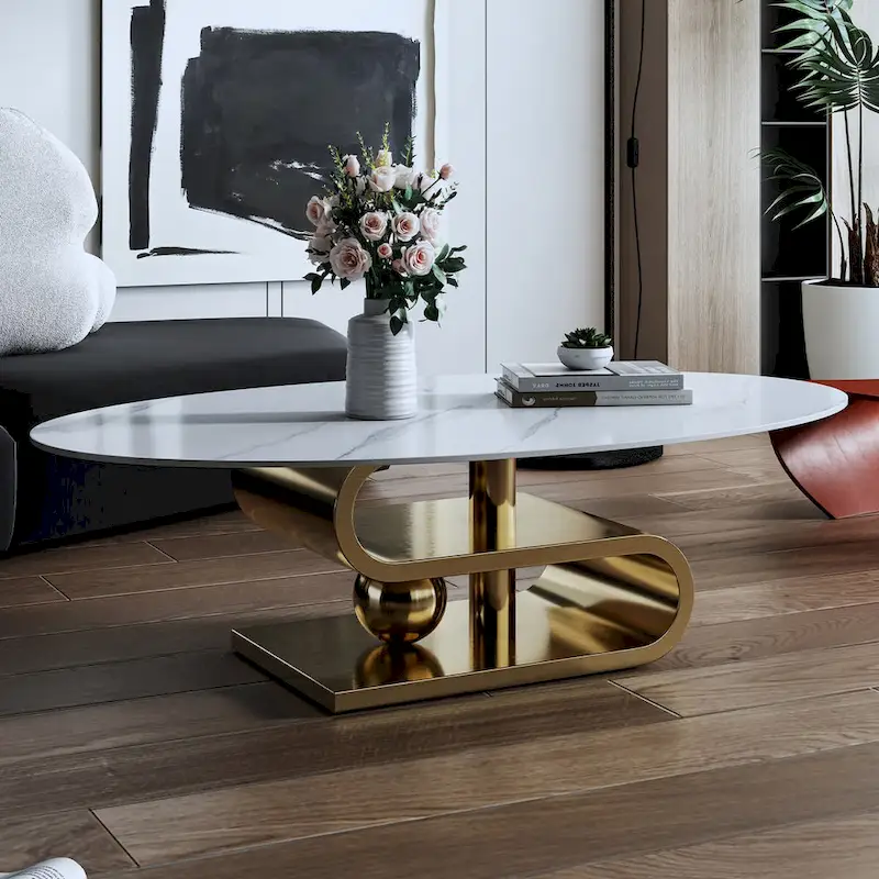 Exquisite Modern Oval Coffee table with white 51L Stone Top and Gold Metal Base