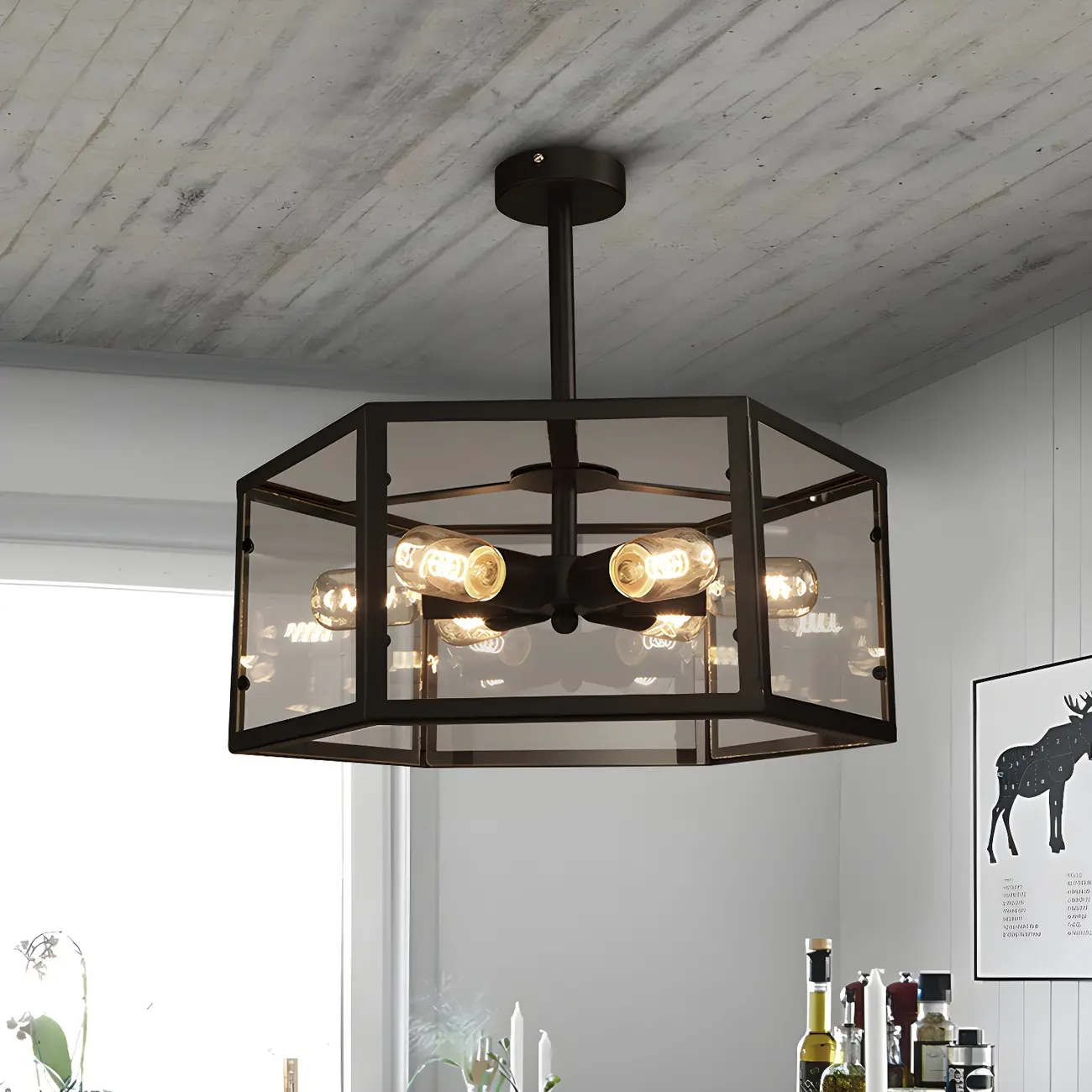 Industrial Black Hexagon Metal Semi Flush Ceiling Light