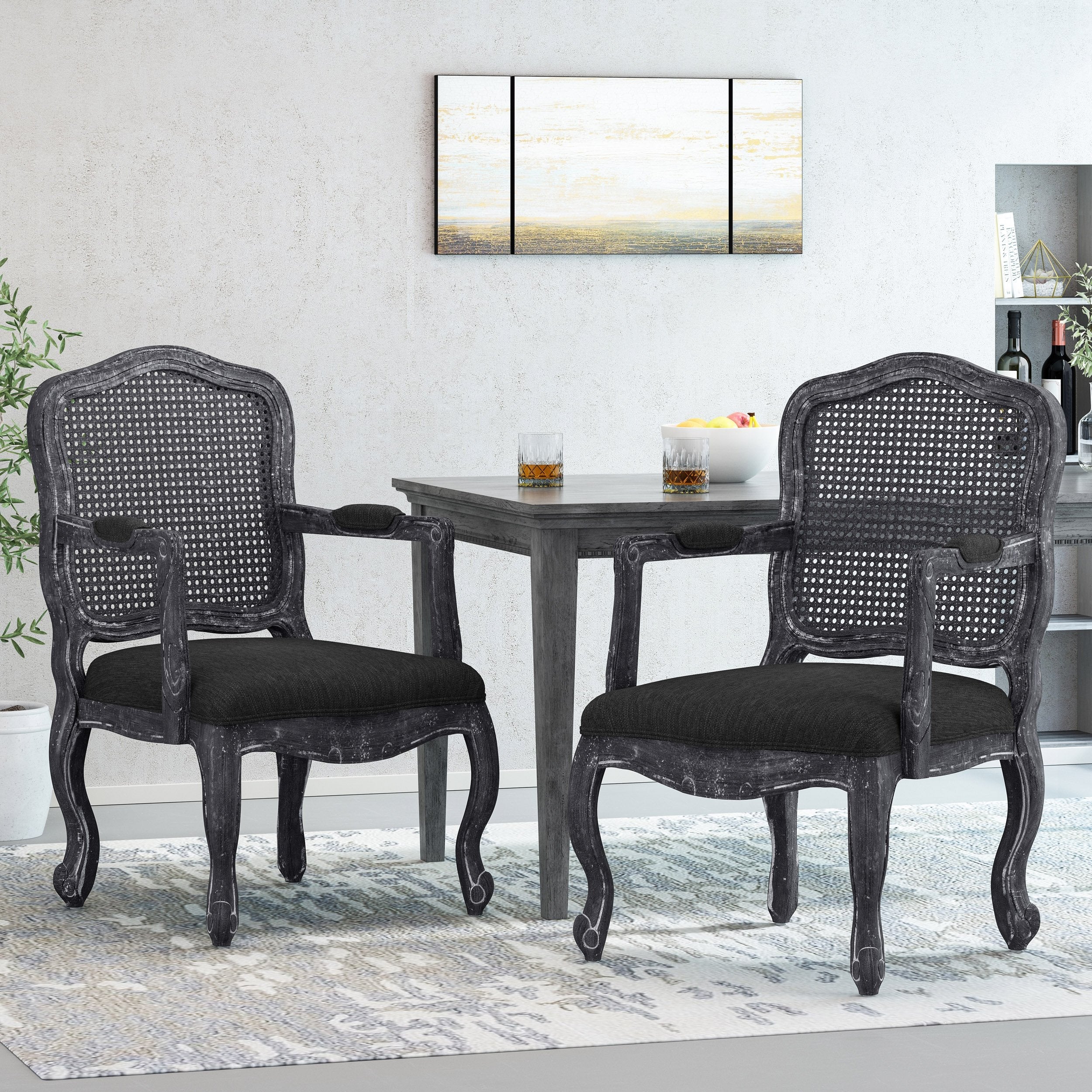 French Country Wood and Cane Upholstered Dining Armchair - NH542513