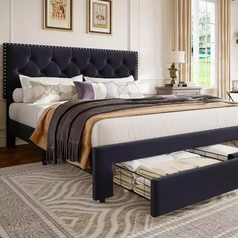 Black / White Velvet Headboard Bed Frame with 2 Storage Drawers, Full / Queen / King, for 1–2 Adults