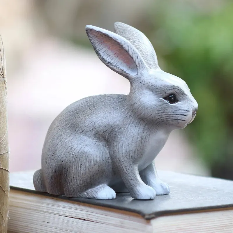 Wood sculpture, 'Inquisitive Grey Rabbit' - 5  H x 2.6  W